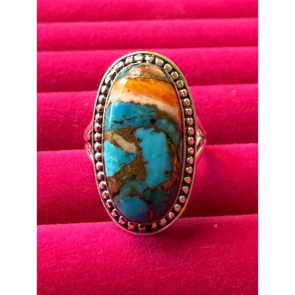 Sterling Silver 925 Ring With Spiny Oyster & Turquoise Gemstone Inlay Size 6.75 - Picture 1 of 7